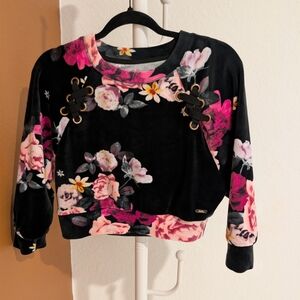 Justice Black Floral Lace-Up Cropped Sweatshirt - Pink Accents
